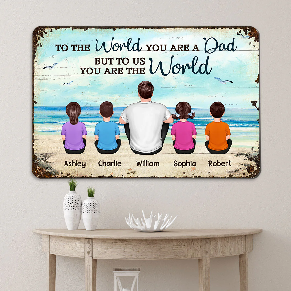 Beach Landscape Dad Grandpa We Love You Back View Dad And Kids Dogs Cats Sitting Personalized Metal Sign - Image 4
