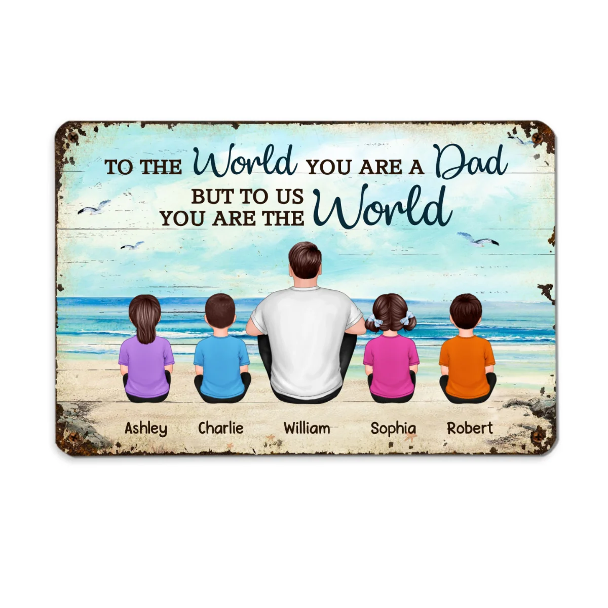 Beach Landscape Dad Grandpa We Love You Back View Dad And Kids Dogs Cats Sitting Personalized Metal Sign - Image 5