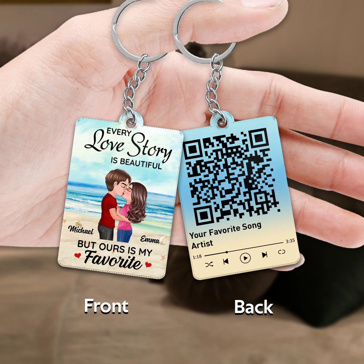 Beach Landscape Doll Couple Kissing Favorite Song Scannable QR Code Personalized Acrylic Keychain - Image 3