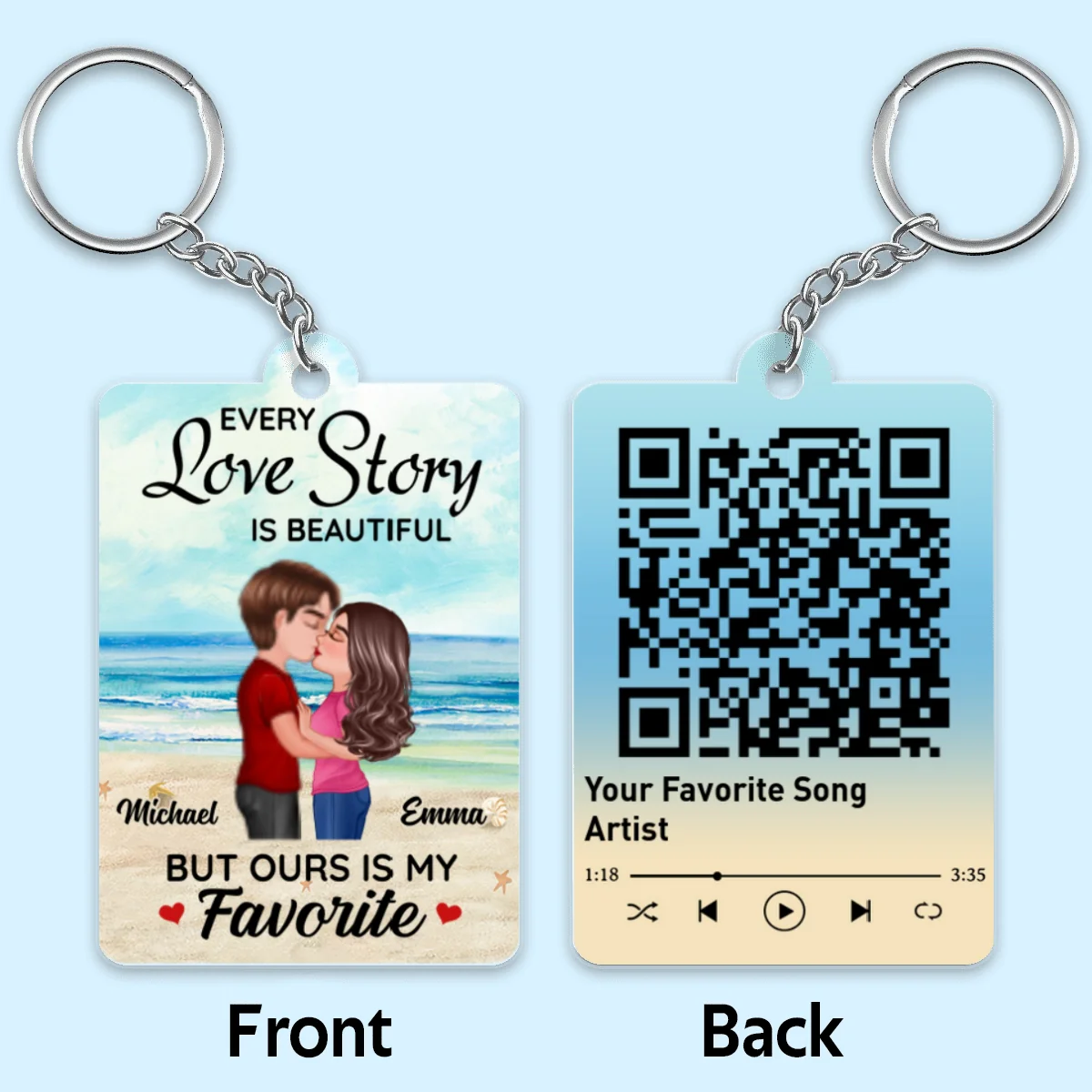Beach Landscape Doll Couple Kissing Favorite Song Scannable QR Code Personalized Acrylic Keychain - Image 4