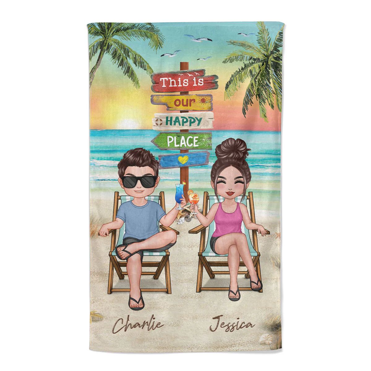 Beach Landscape Summer Doll Couple Sitting Personalized Beach Towel