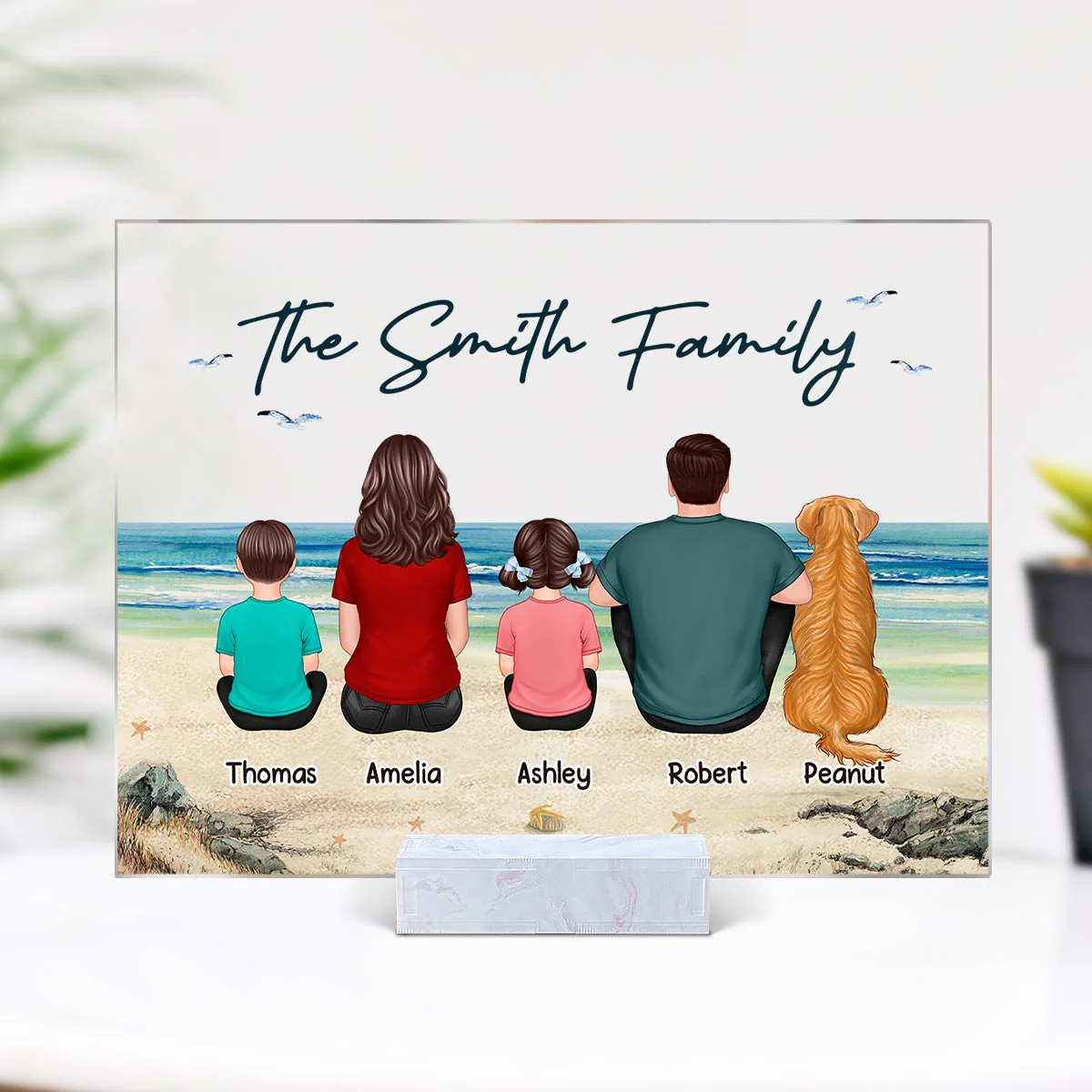 Beach Landscape Whole Back View Family Grandma Grandpa Dad Mom Kids Dogs Cats Sitting Personalized Acrylic Plaque