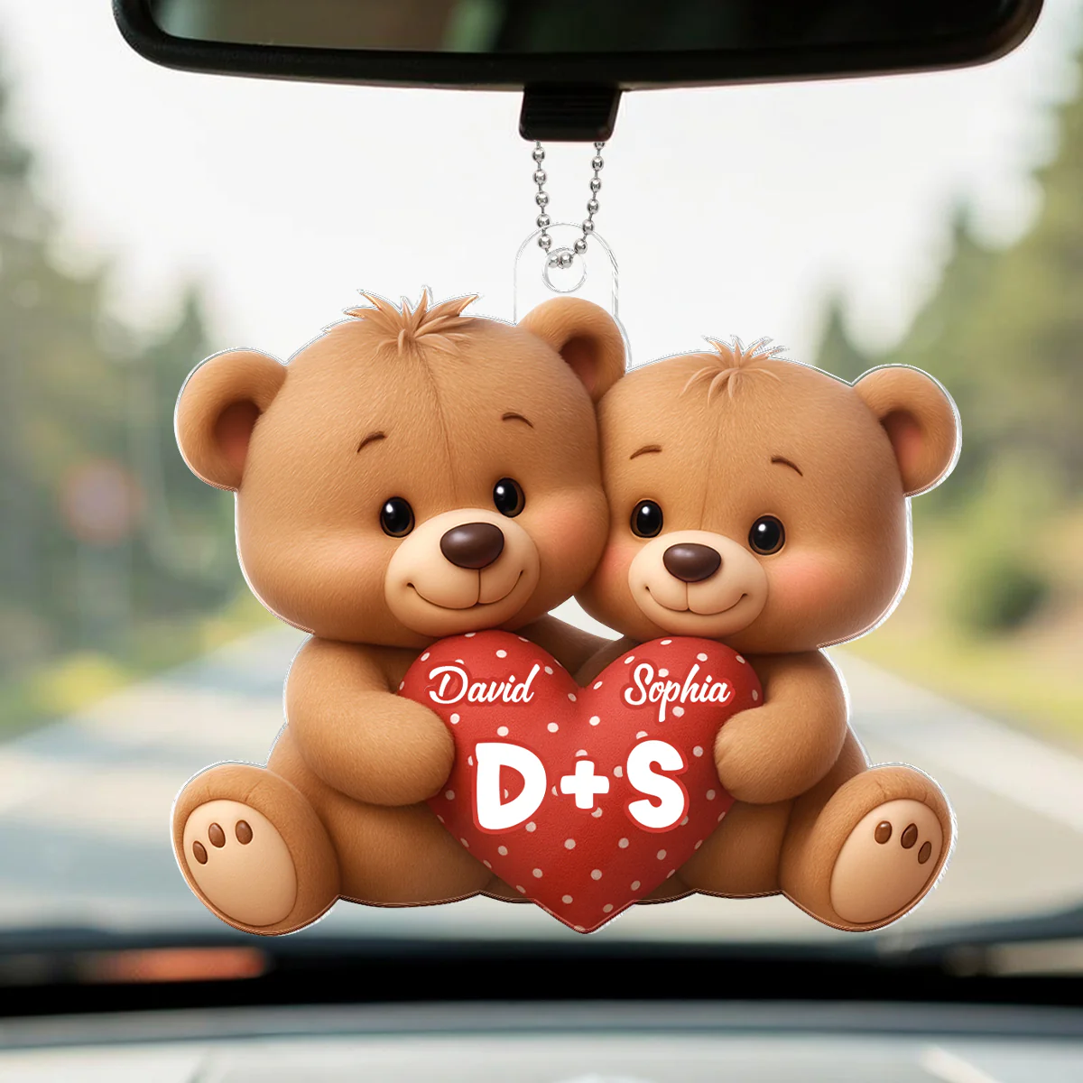 Bear Couple Holding Heart - Personalized Acrylic Car Hanger - Valentine's Day Gift for him, for her