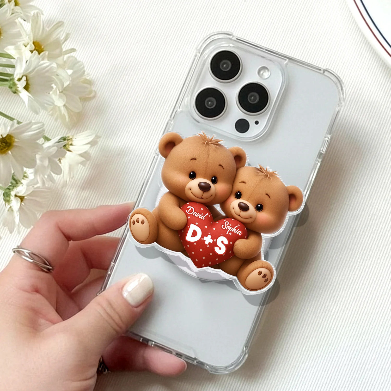 Bear Couple Holding Heart - Personalized Acrylic Magnetic Phone Grip - Gift for him, for her, Matching Phone Grips for Couple - Image 9