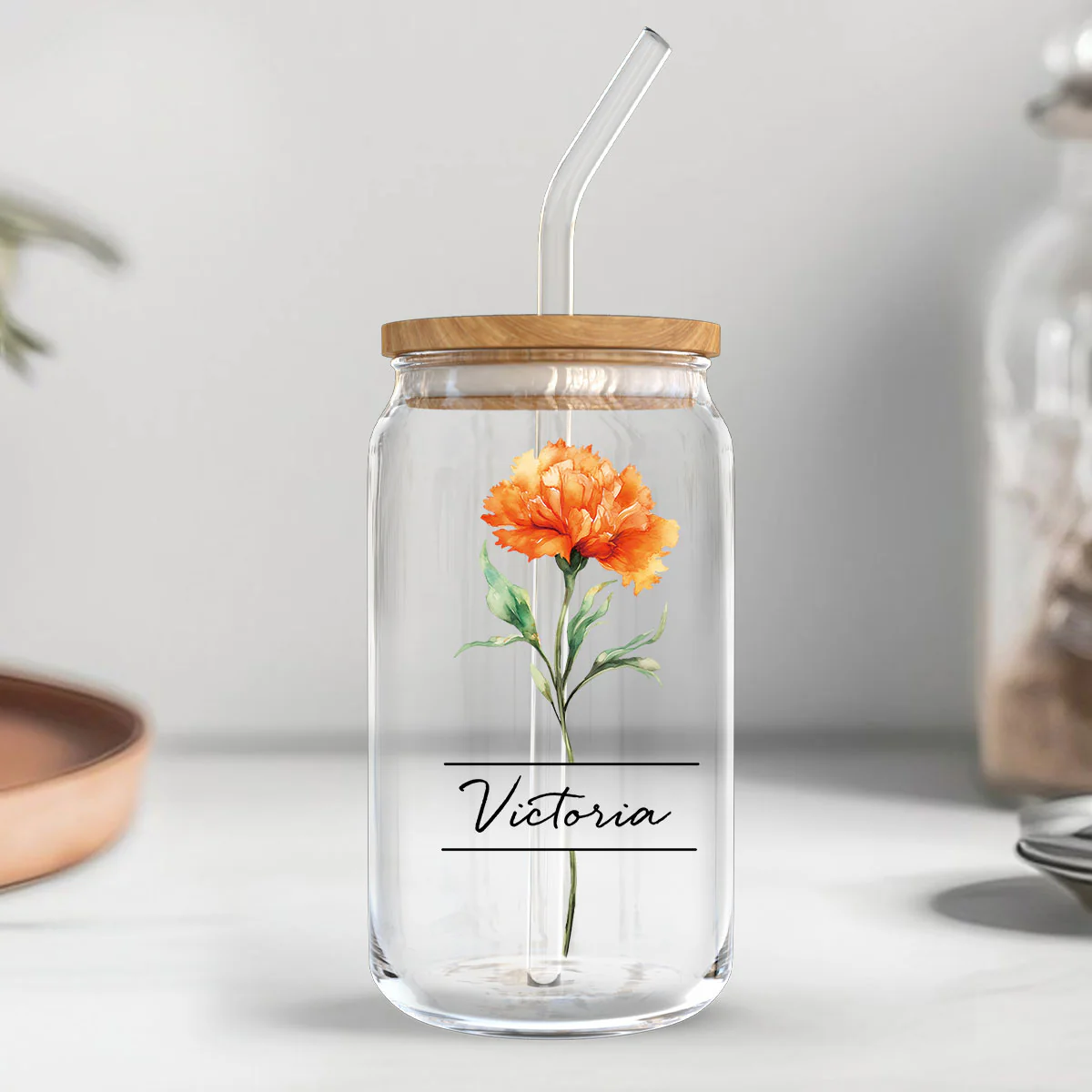Beautiful Birth Flower With Name Birthday Gift For Friends Mom Grandma Mother‘s Day Gift Personalized Clear Glass Can - Image 3