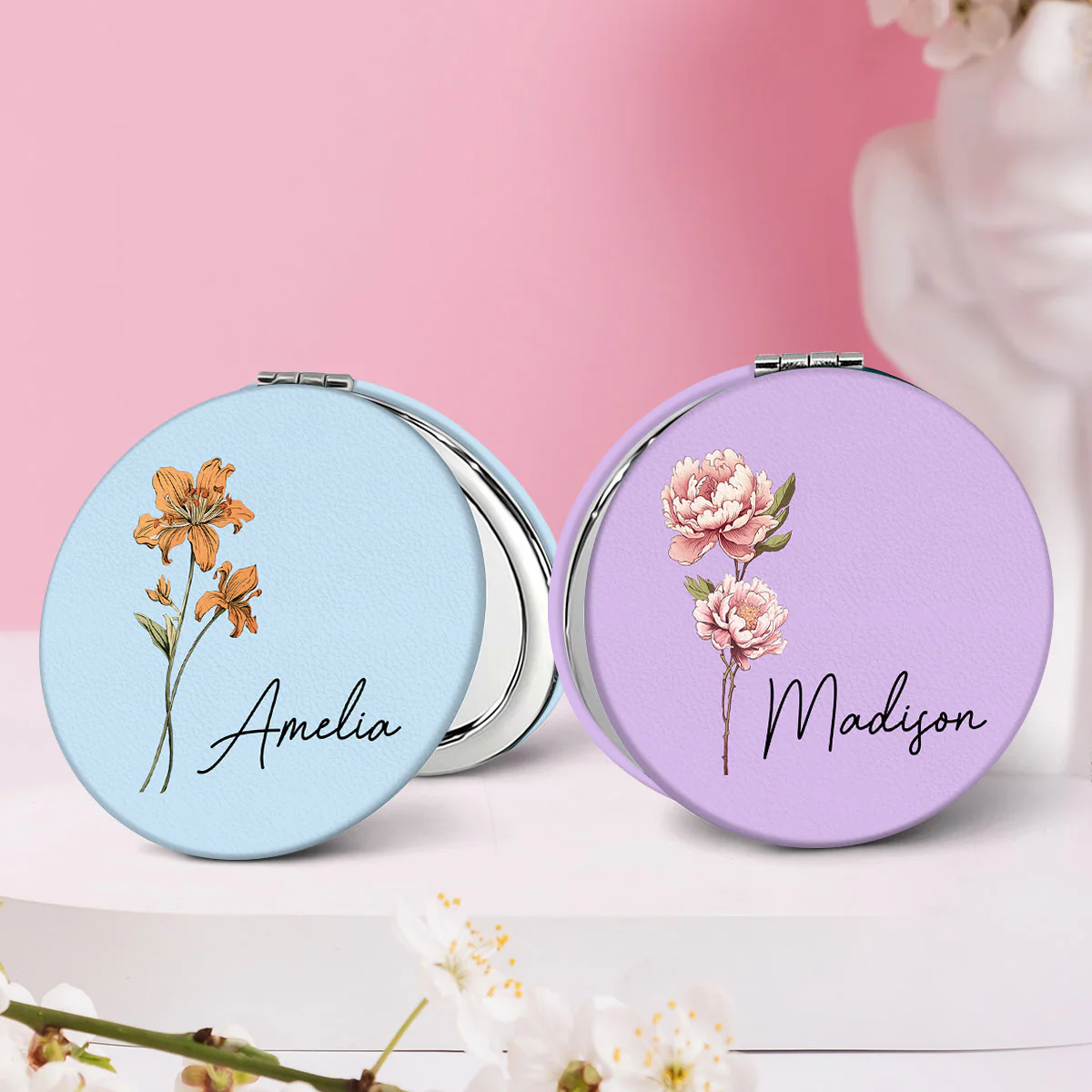 Beautiful Birth Month Flower Personalized Circle Compact Mirror, Birthday Gift - Image 2