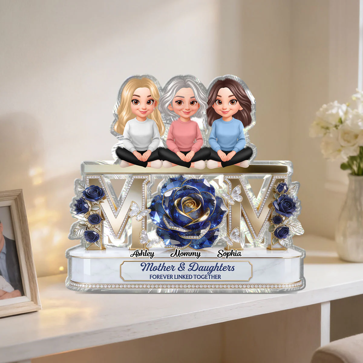 Beautiful Blue Roses MOM And Daughters Sons - Personalized Acrylic Block Plaque - Gift For Mom - Image 3