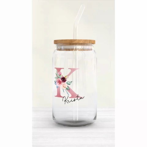 Beautiful Floral Initial Name Mother‘s Day Birthday Gift For Grandma Mom Women Personalized Clear Glass Can - Image 2