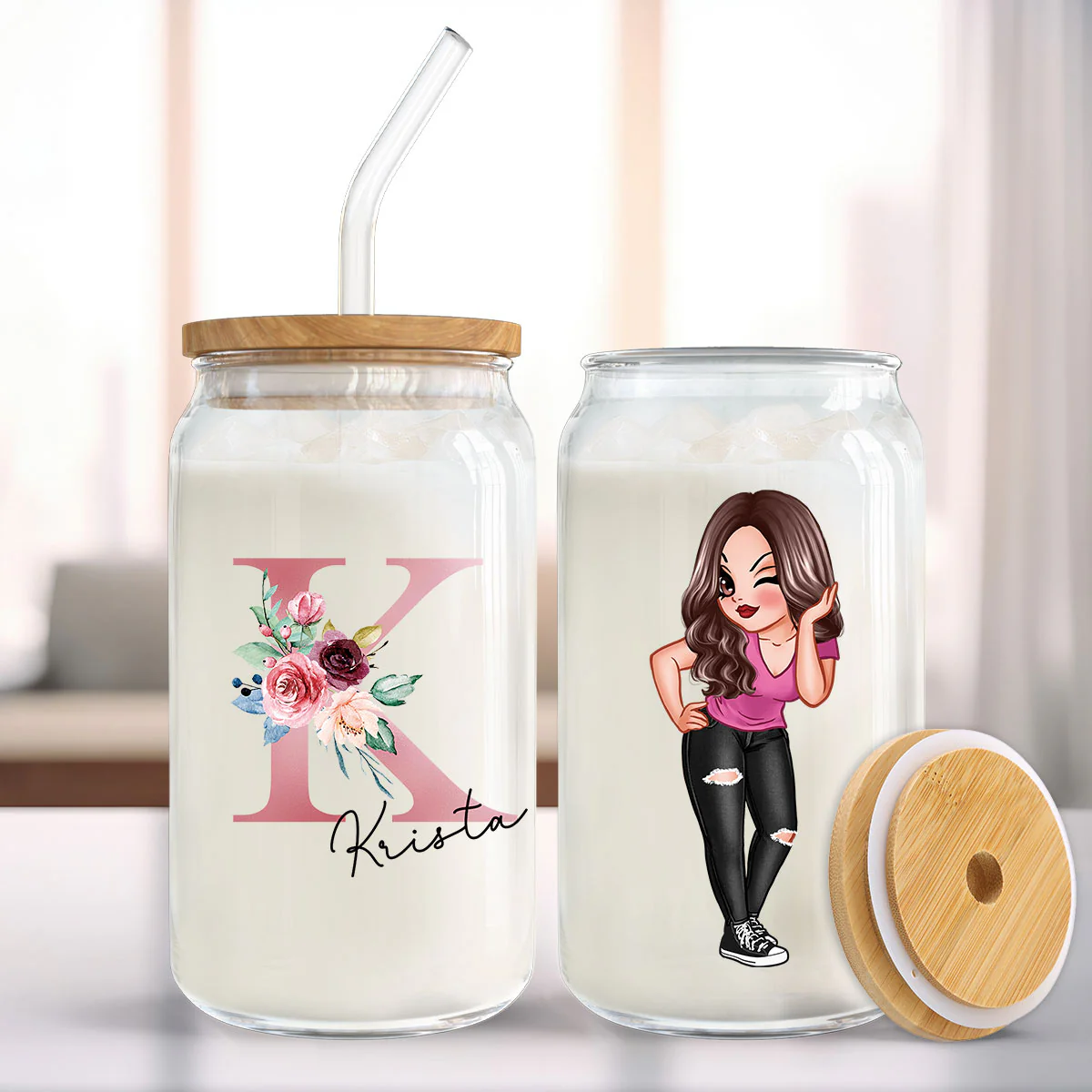 Beautiful Floral Initial Name Mother‘s Day Birthday Gift For Grandma Mom Women Personalized Clear Glass Can - Image 3