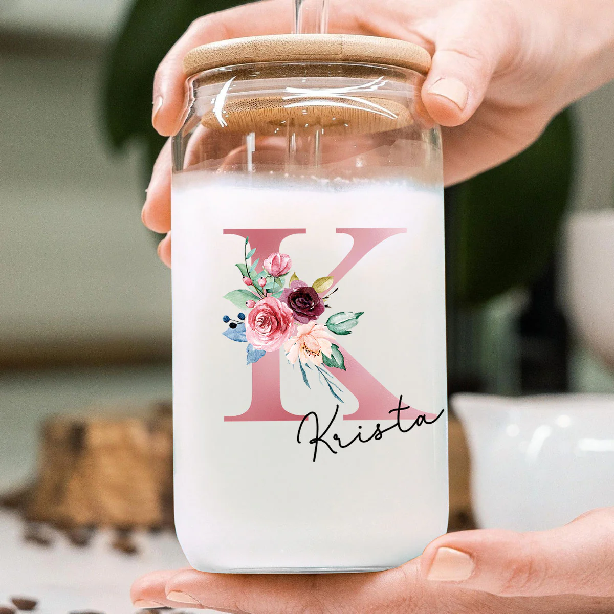 Beautiful Floral Initial Name Mother‘s Day Birthday Gift For Grandma Mom Women Personalized Clear Glass Can - Image 4