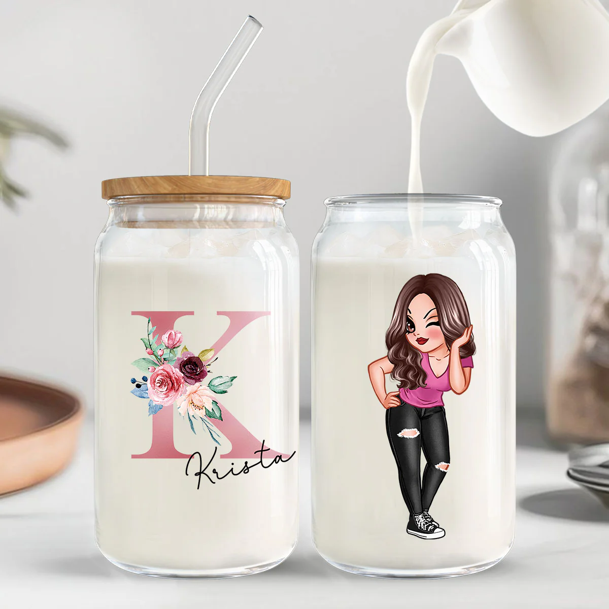 Beautiful Floral Initial Name Mother‘s Day Birthday Gift For Grandma Mom Women Personalized Clear Glass Can - Image 5