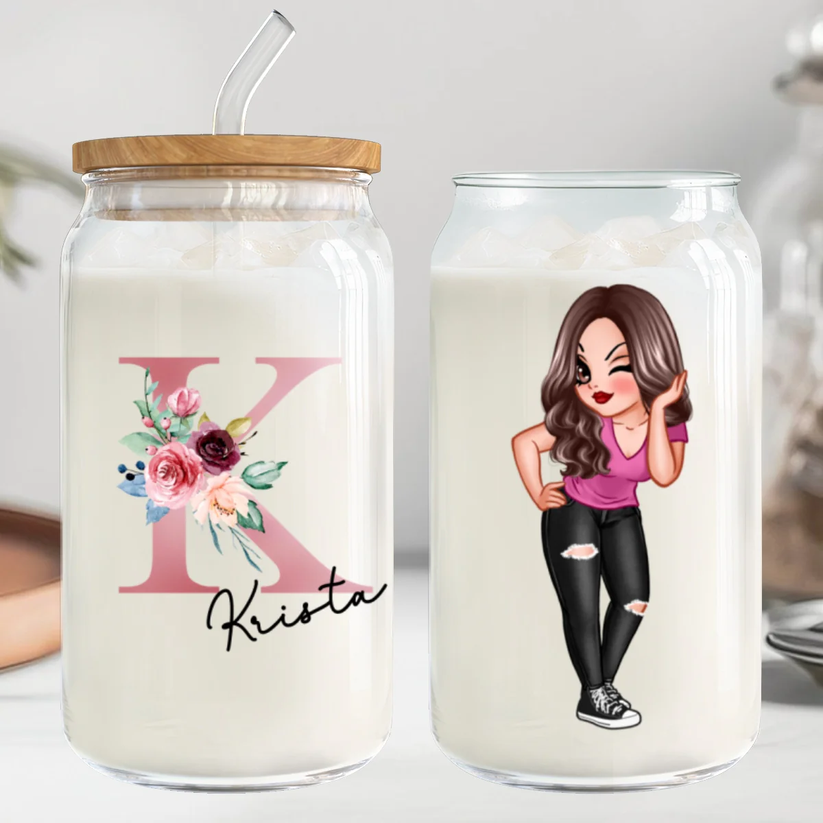 Beautiful Floral Initial Name Mother‘s Day Birthday Gift For Grandma Mom Women Personalized Clear Glass Can - Image 8