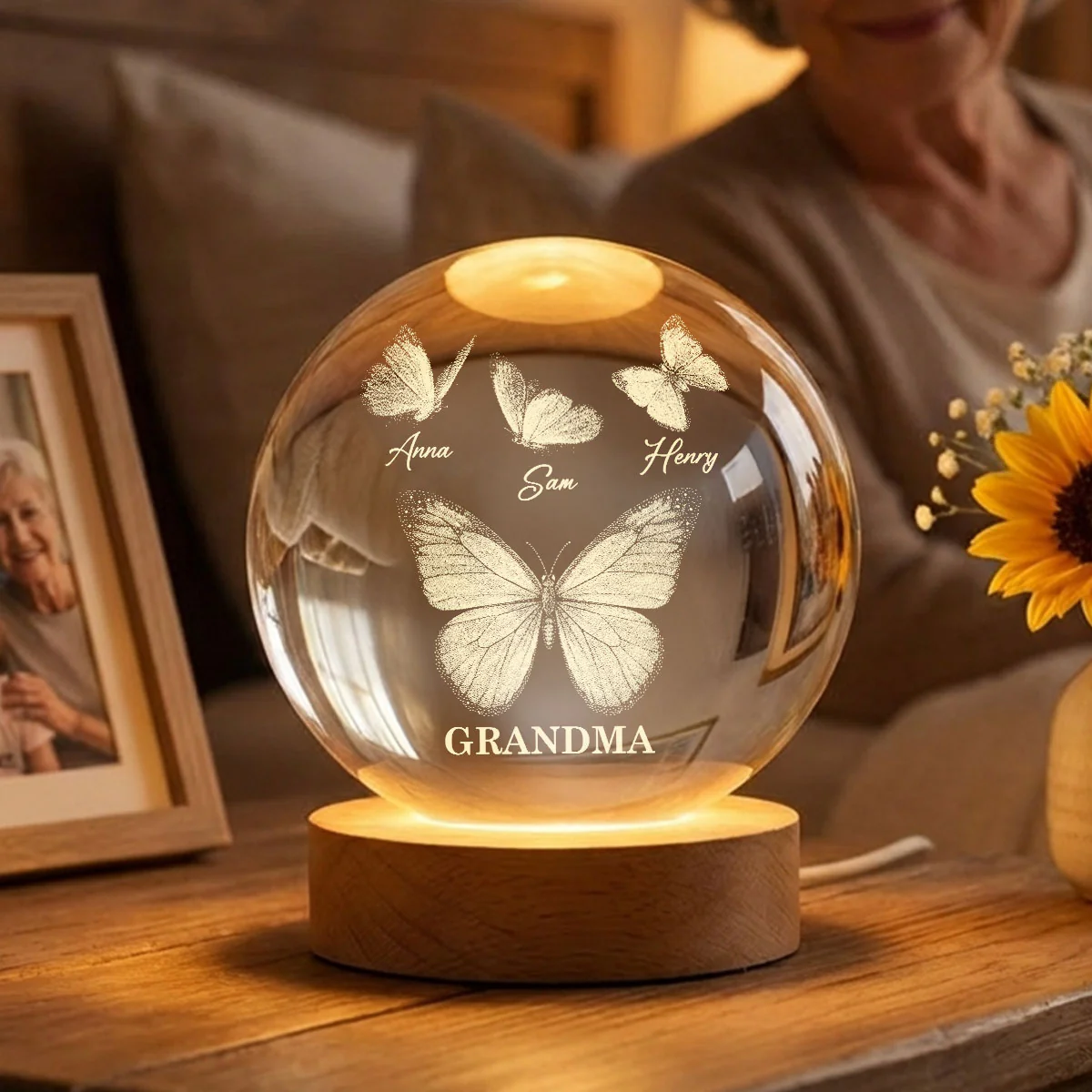 Beautiful Grandma Mom Butterflies Custom Kids Names - Personalized Crystal Ball LED Night Light - Gift For Grandma, Mom - Image 4