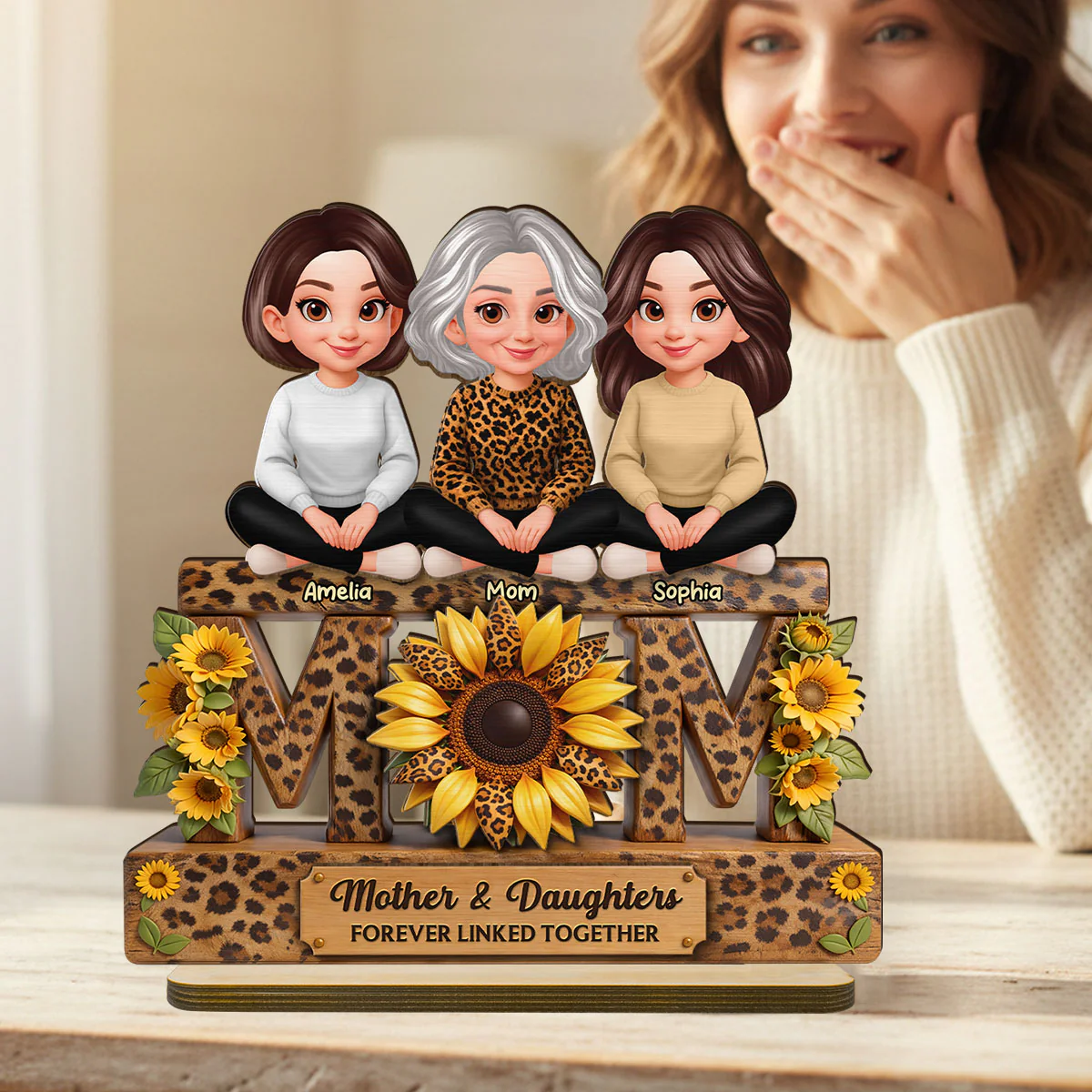 Beautiful Leopard Sunflower You Are My Sunshine MOM And Daughters Sons - Personalized 2-Layered Wooden Plaque - Gift For Mom - Image 4