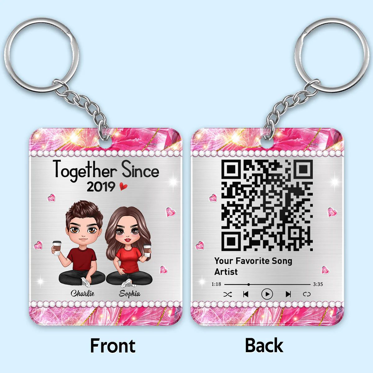 Beautiful Pattern Doll Couple Sitting Favorite Song Scannable QR Code Personalized Acrylic Keychain - Image 2