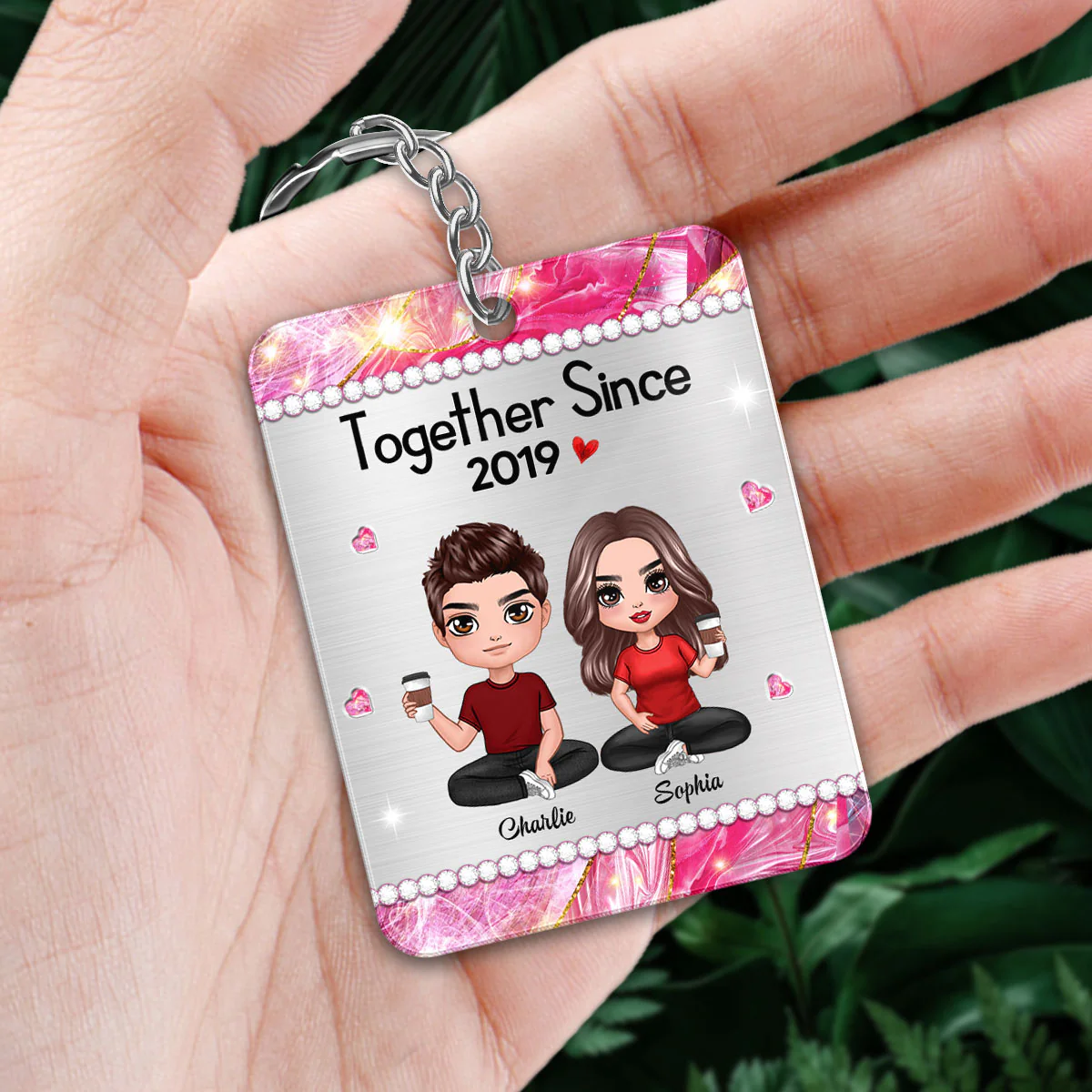 Beautiful Pattern Doll Couple Sitting Favorite Song Scannable QR Code Personalized Acrylic Keychain - Image 3