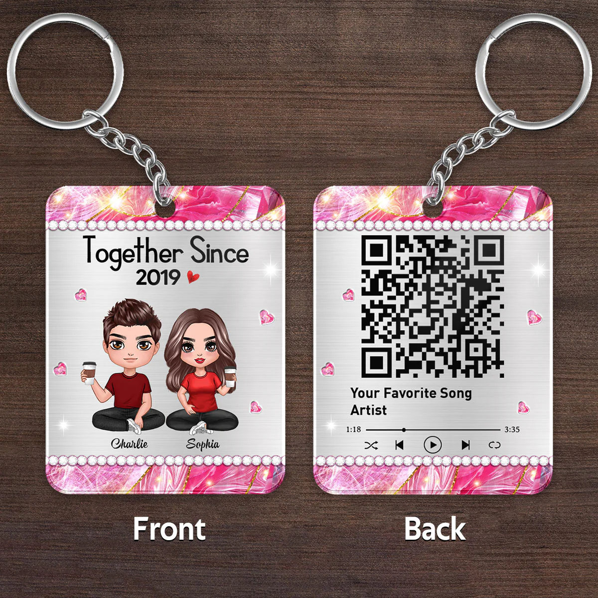 Beautiful Pattern Doll Couple Sitting Favorite Song Scannable QR Code Personalized Acrylic Keychain - Image 4