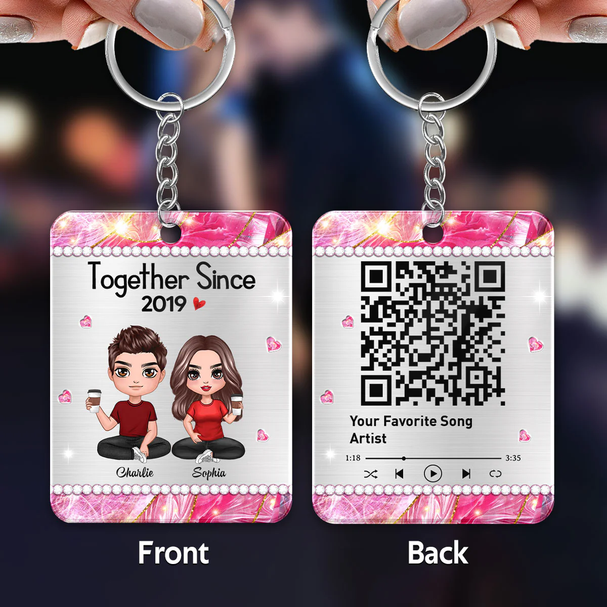Beautiful Pattern Doll Couple Sitting Favorite Song Scannable QR Code Personalized Acrylic Keychain - Image 5