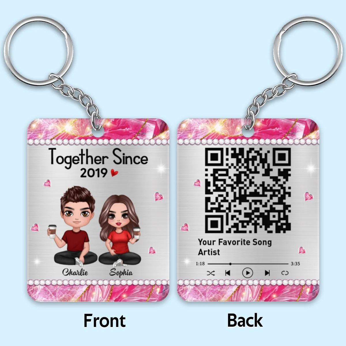 Beautiful Pattern Doll Couple Sitting Favorite Song Scannable QR Code Personalized Acrylic Keychain - Image 6