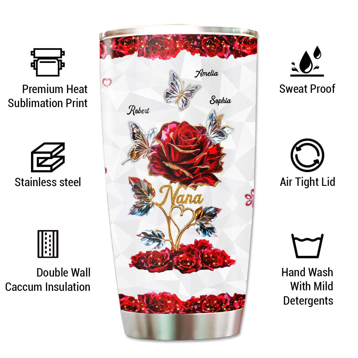 Beautiful Rose & Butterflies Gift For Grandma Mom 3D Effect Personalized Tumbler - Image 2