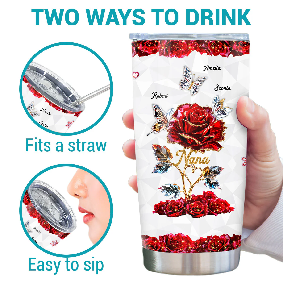 Beautiful Rose & Butterflies Gift For Grandma Mom 3D Effect Personalized Tumbler - Image 3