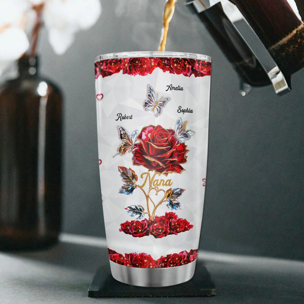 Beautiful Rose & Butterflies Gift For Grandma Mom 3D Effect Personalized Tumbler - Image 4