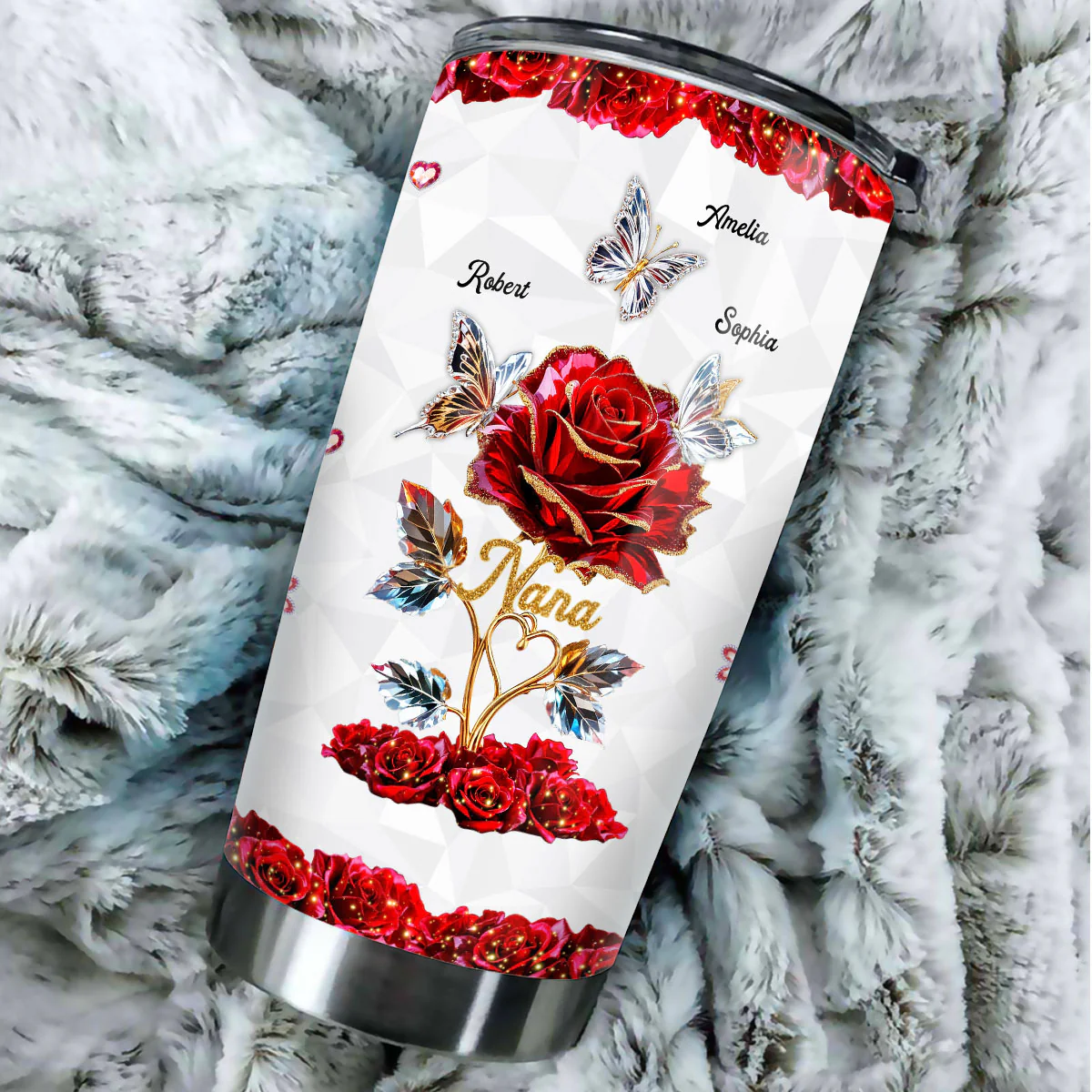 Beautiful Rose & Butterflies Gift For Grandma Mom 3D Effect Personalized Tumbler - Image 5
