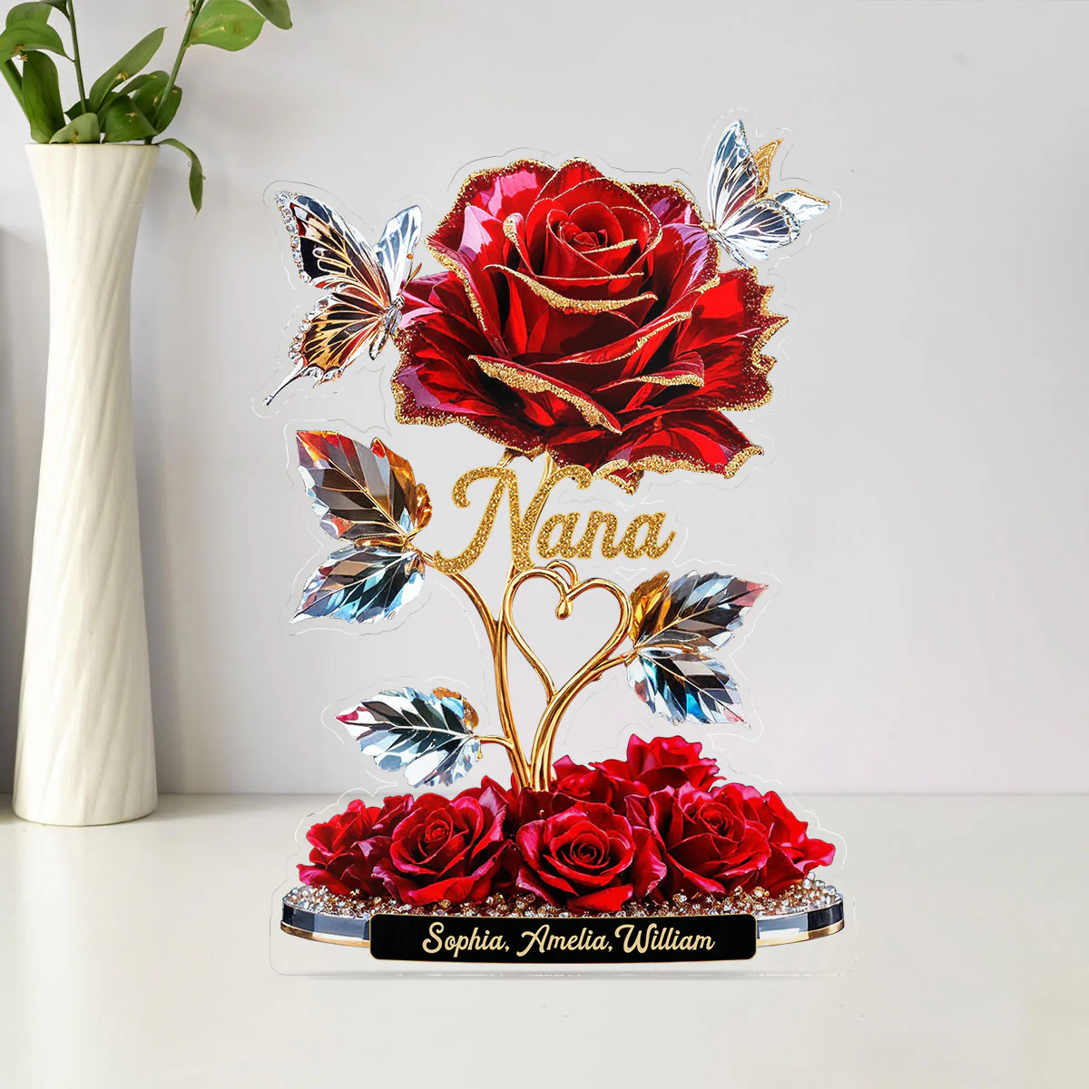 Beautiful Rose For Grandma Mom With Kids Names 3D Effect Personalized Flat Acrylic Block Plaque - Image 11