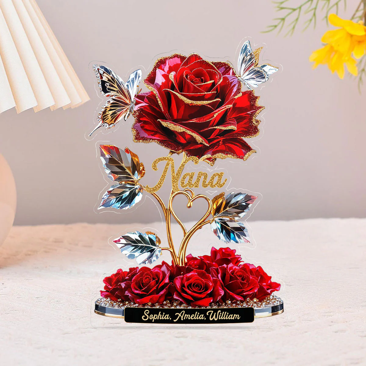 Beautiful Rose For Grandma Mom With Kids Names 3D Effect Personalized Flat Acrylic Block Plaque - Image 12