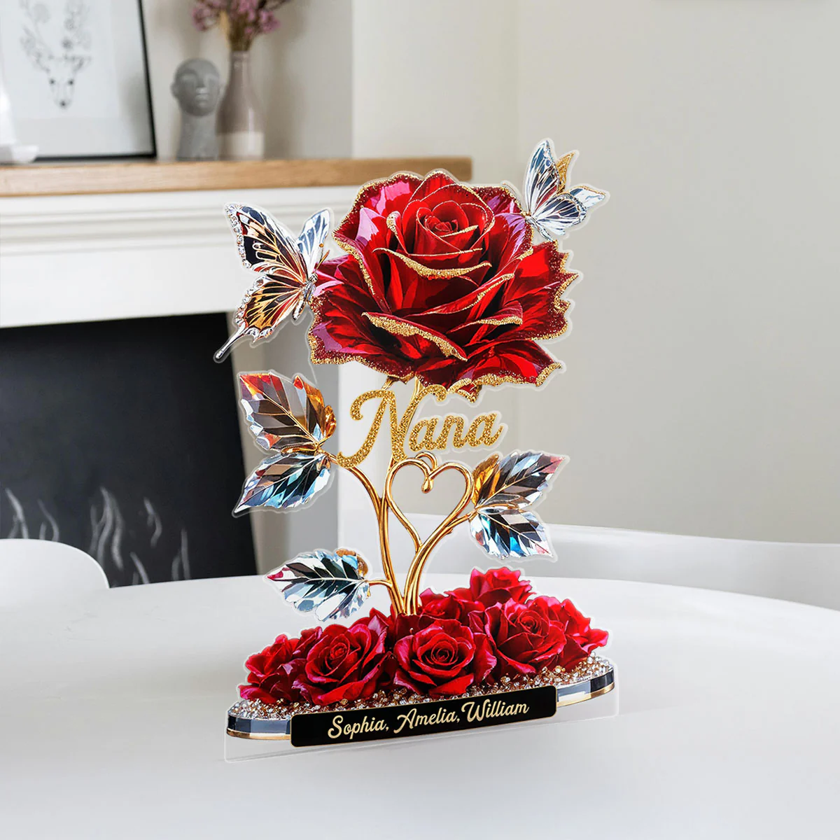 Beautiful Rose For Grandma Mom With Kids Names 3D Effect Personalized Flat Acrylic Block Plaque - Image 13