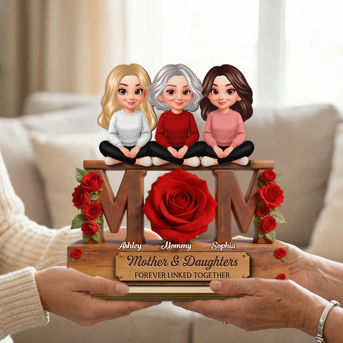 Beautiful Roses MOM And Daughters Sons - Personalized 2-Layered Wooden Plaque - Gift For Mom - Image 2