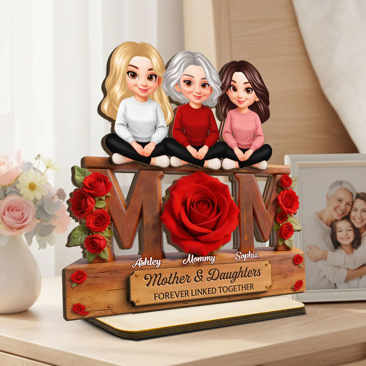 Beautiful Roses MOM And Daughters Sons - Personalized 2-Layered Wooden Plaque - Gift For Mom - Image 3