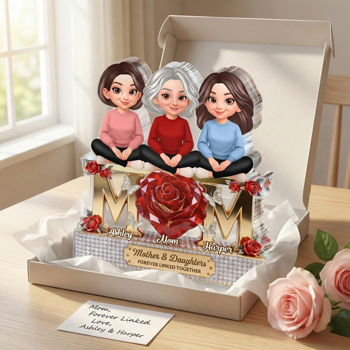 Beautiful Roses MOM And Daughters Sons - Personalized Acrylic Block Plaque - Gift For Mom - Image 2