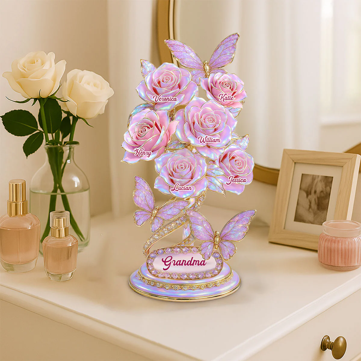 Beautiful Roses With Kids Names Pearl & Stone Effect Personalized Flat Acrylic Block Plaque - Image 3