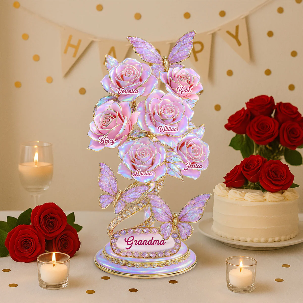 Beautiful Roses With Kids Names Pearl & Stone Effect Personalized Flat Acrylic Block Plaque - Image 5