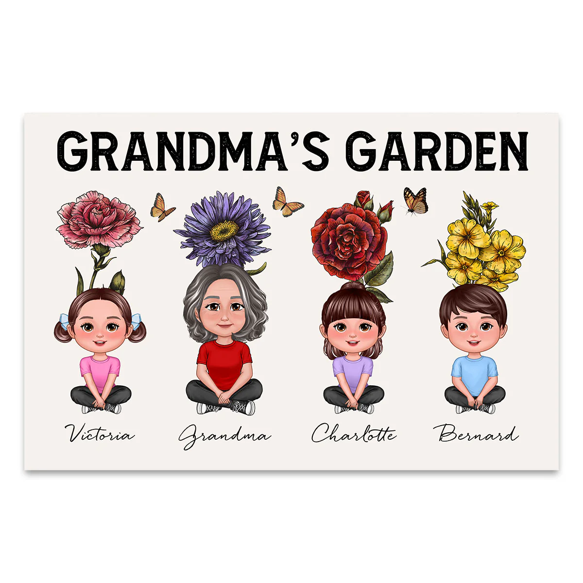 Beautiful Vintage Birth Flower Grandma‘s Garden Pretty Grandma & Grandkids With Flowers Behind Personalized Poster - Image 2