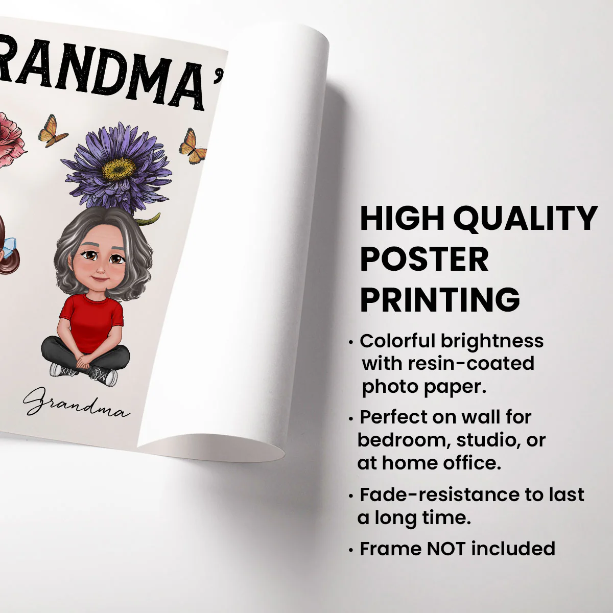 Beautiful Vintage Birth Flower Grandma‘s Garden Pretty Grandma & Grandkids With Flowers Behind Personalized Poster - Image 3