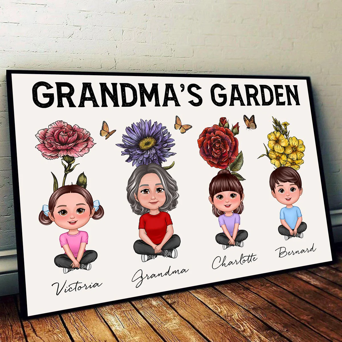 Beautiful Vintage Birth Flower Grandma‘s Garden Pretty Grandma & Grandkids With Flowers Behind Personalized Poster - Image 4