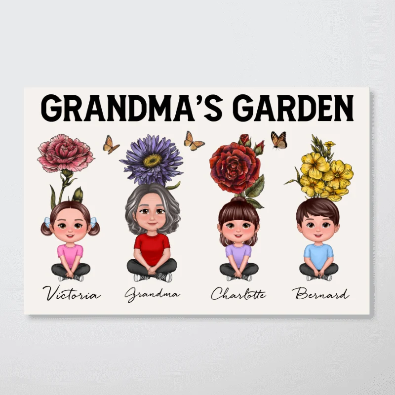 Beautiful Vintage Birth Flower Grandma‘s Garden Pretty Grandma & Grandkids With Flowers Behind Personalized Poster - Image 6