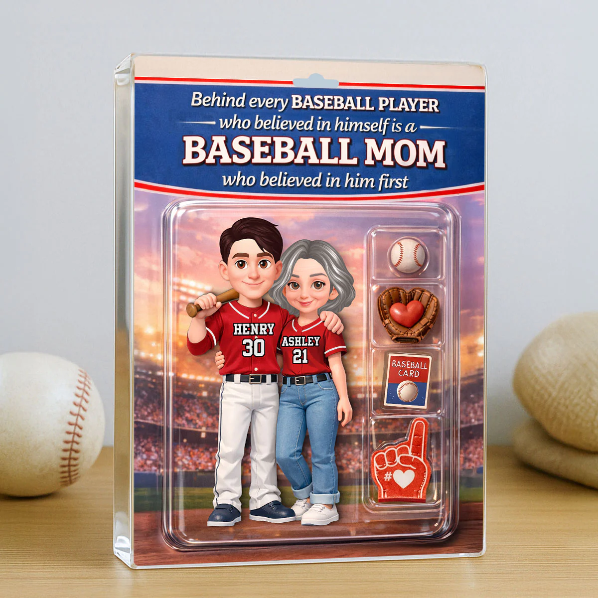 Behind Every Baseball Player is a Baseball Mom Custom Action Figure - Personalized Acrylic Block Plaque - Heartfelt Gift for Mom