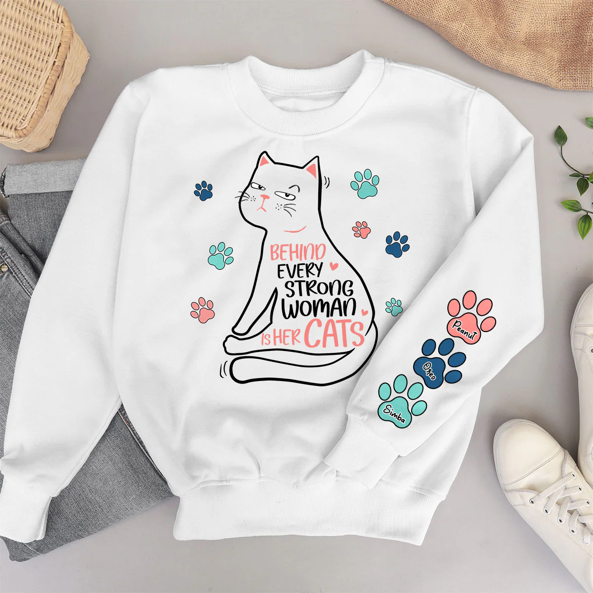 Behind Every Strong Woman Is Her Cats Personalized Sleeve Printed Sweatshirt - Image 5