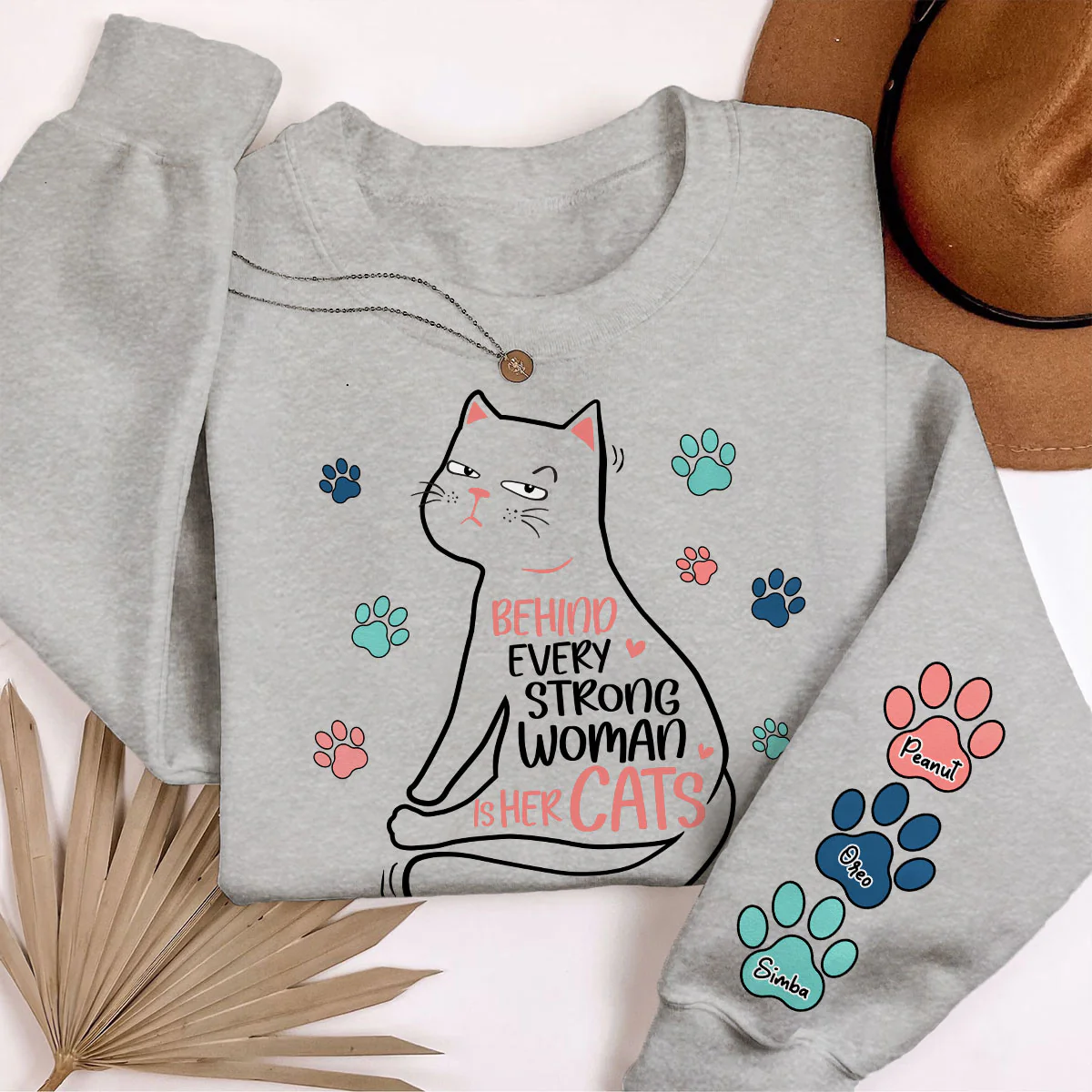 Behind Every Strong Woman Is Her Cats Personalized Sleeve Printed Sweatshirt - Image 6