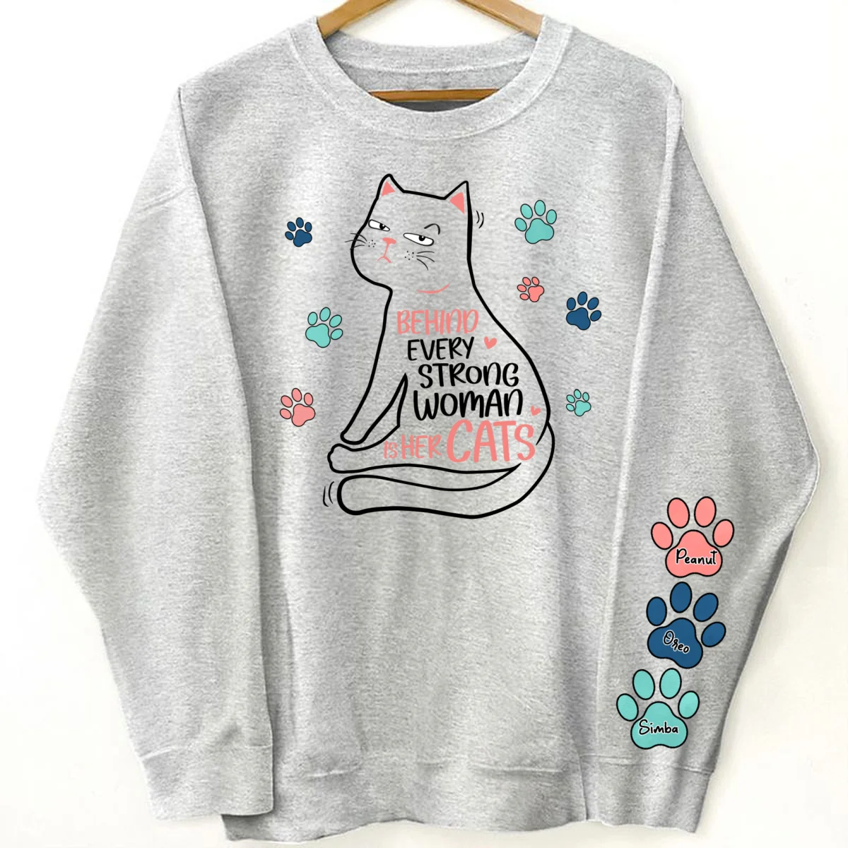 Behind Every Strong Woman Is Her Cats Personalized Sleeve Printed Sweatshirt - Image 8