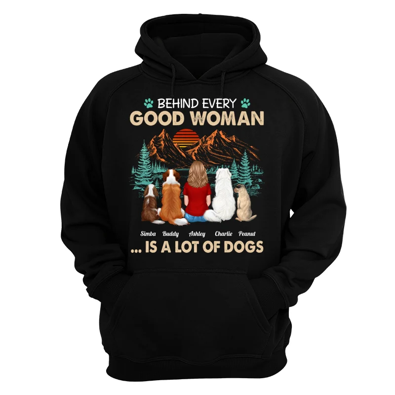Behind Good Woman Is A Lot Of Dogs Back View Woman Sitting With Dogs Retro Pine Forest Personalized Shirt - Image 11