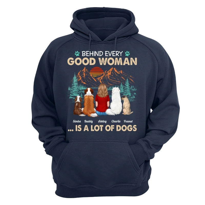 Behind Good Woman Is A Lot Of Dogs Back View Woman Sitting With Dogs Retro Pine Forest Personalized Shirt - Image 12