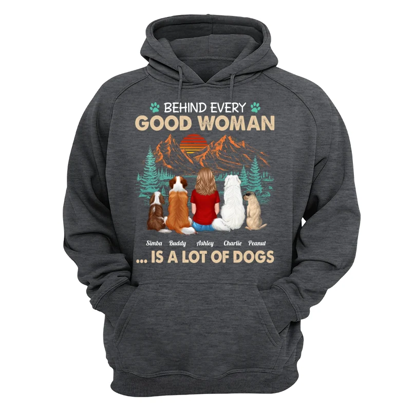 Behind Good Woman Is A Lot Of Dogs Back View Woman Sitting With Dogs Retro Pine Forest Personalized Shirt - Image 13