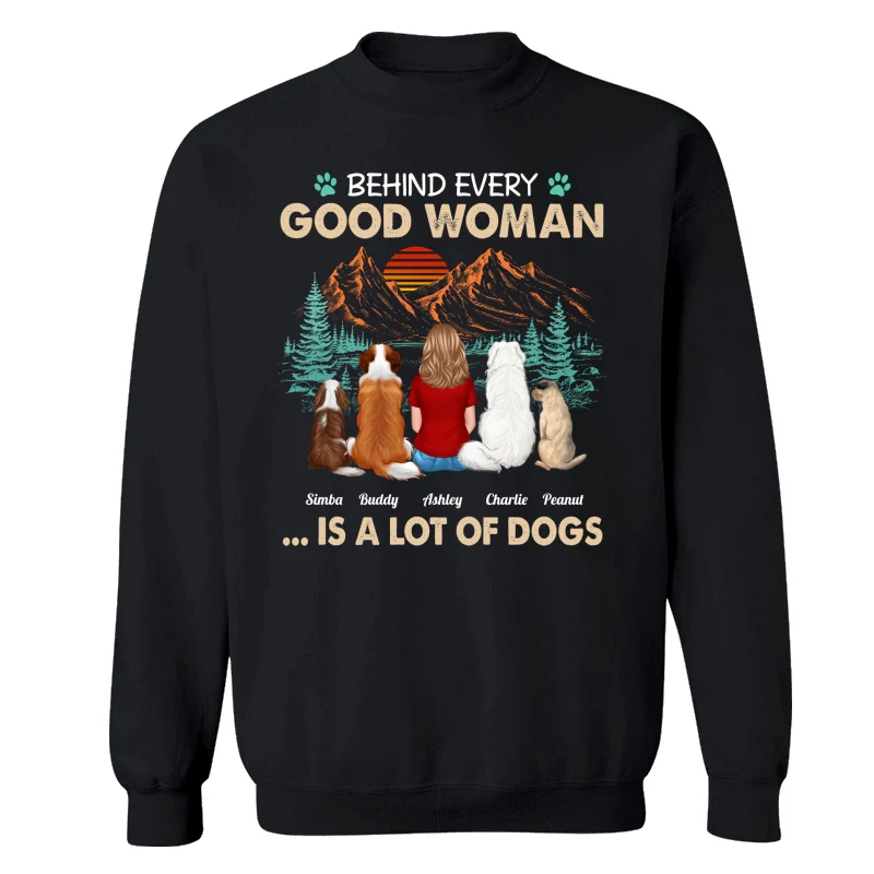 Behind Good Woman Is A Lot Of Dogs Back View Woman Sitting With Dogs Retro Pine Forest Personalized Shirt - Image 14
