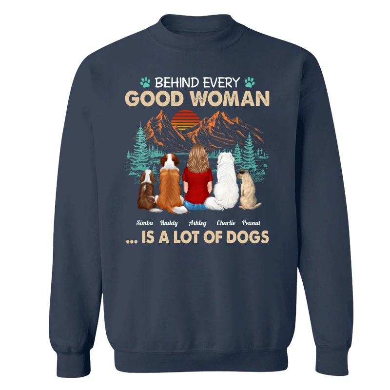 Behind Good Woman Is A Lot Of Dogs Back View Woman Sitting With Dogs Retro Pine Forest Personalized Shirt - Image 15