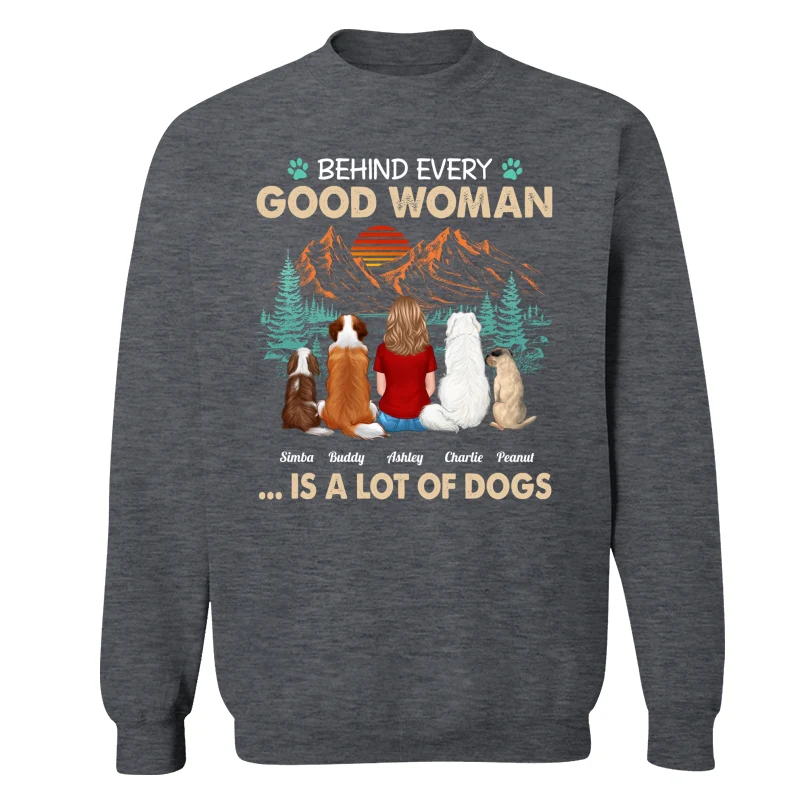 Behind Good Woman Is A Lot Of Dogs Back View Woman Sitting With Dogs Retro Pine Forest Personalized Shirt - Image 16
