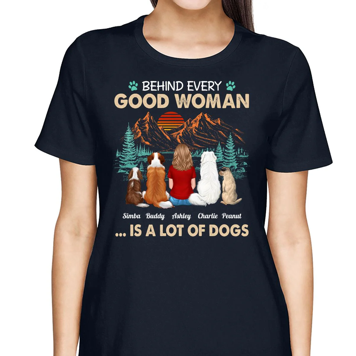 Behind Good Woman Is A Lot Of Dogs Back View Woman Sitting With Dogs Retro Pine Forest Personalized Shirt - Image 2